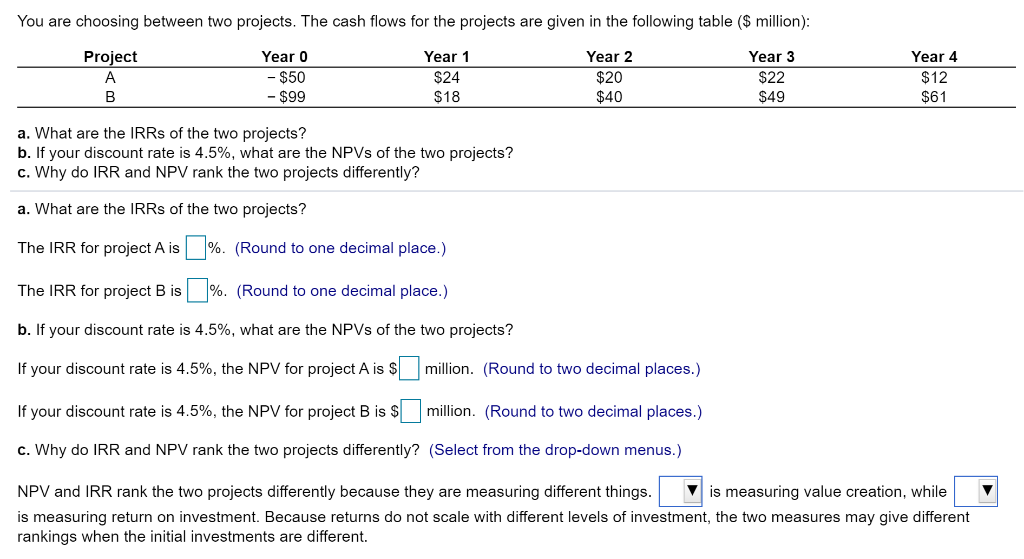 You are choosing between two projects. The cash flows for the