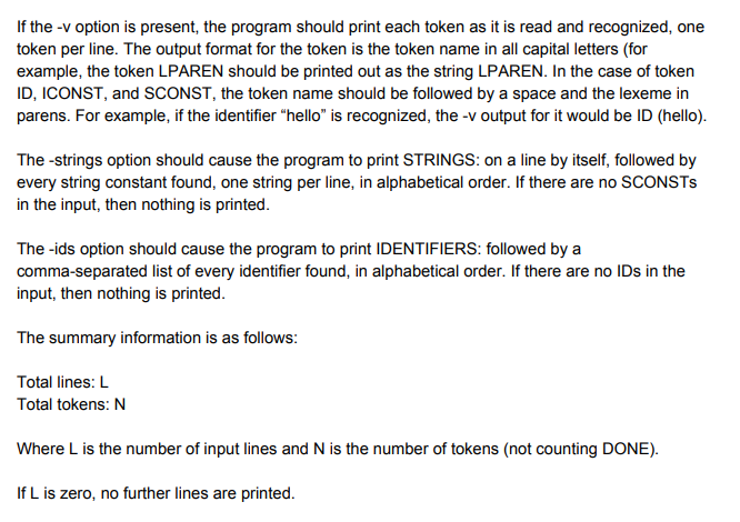 syntax of the language. You will produce a lexical analysis function and