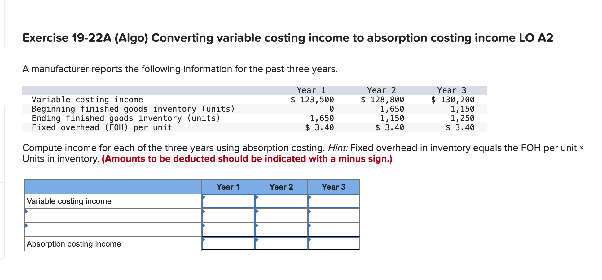  Exercise 19-22A (Algo) Converting variable costing income to absorption costing income