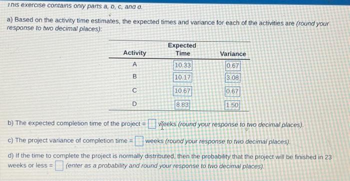  a) Based on the activity time estimates, the expected times and