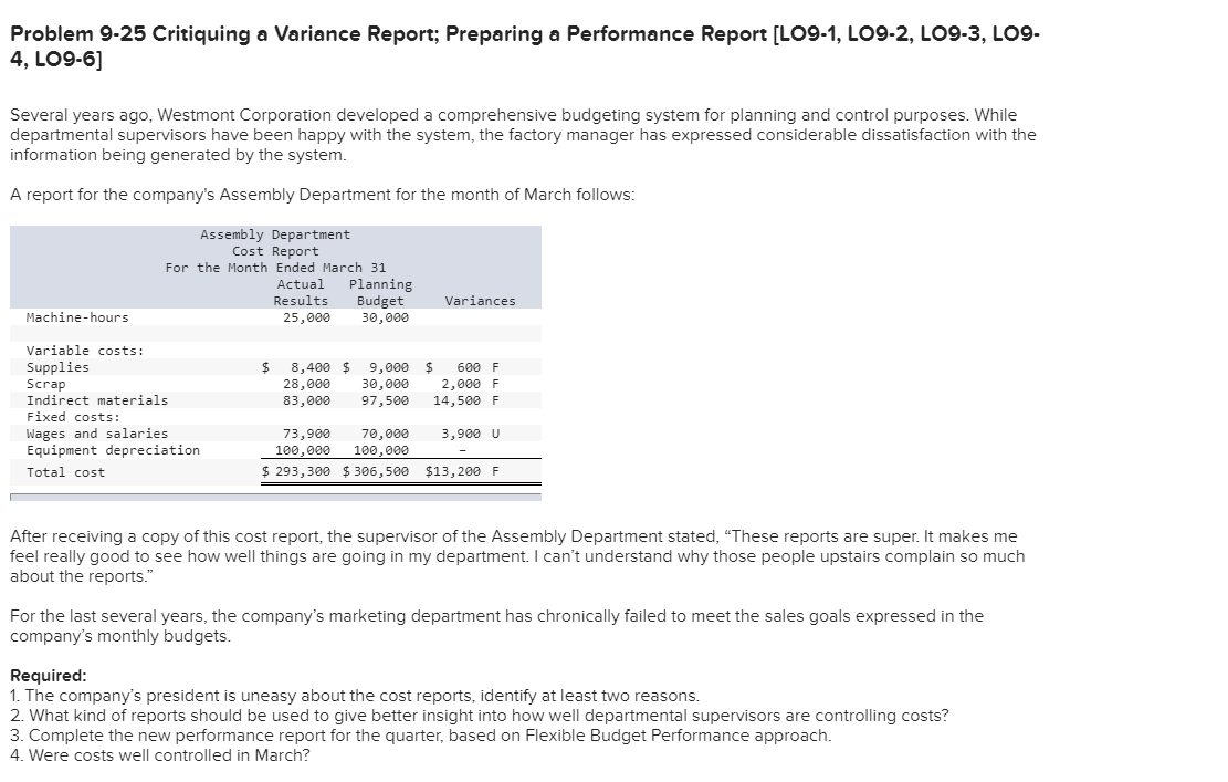 Problem 9-25 Critiquing a Variance Report; Preparing a Performance Report [LO9-1,