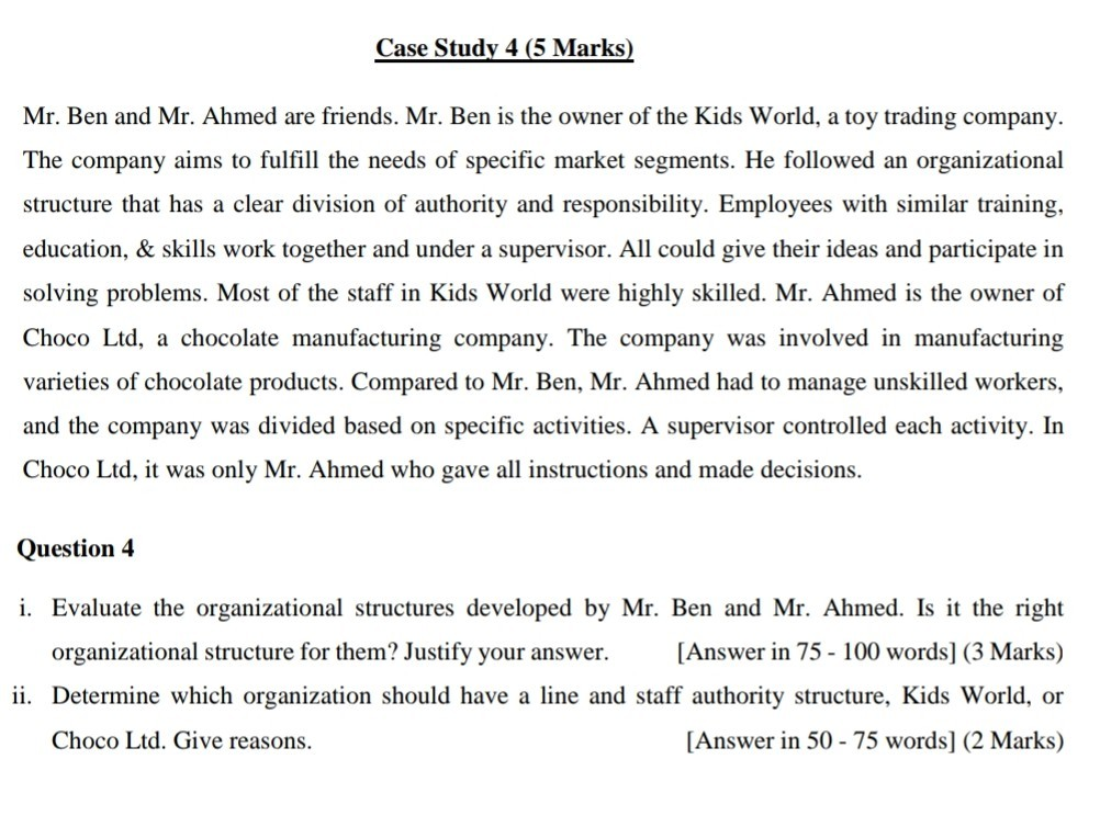 For lndustrial management Case Study 4 (5 Marks) Mr. Ben and