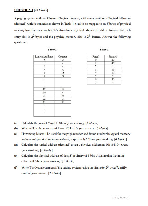  QUESTION 1. (20 Marks] A paging system with an X-bytes of