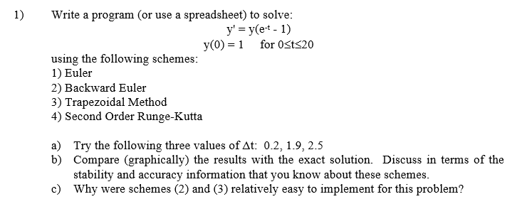 Write a program (or use a spreadsheet) to solve: y'=y(e-t-1) y(0)=1