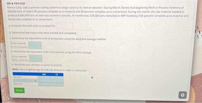  WA \& FIFO EUP Ramos Corp. uses a process costing system