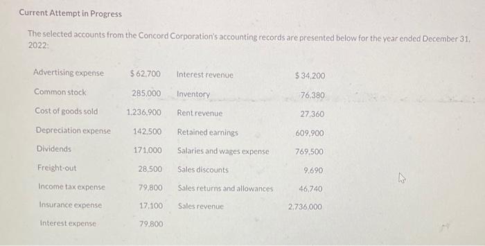  Current Attempt in Progress The selected accounts from the Concord Corporation's