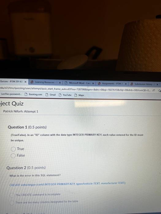  (TruelFalse). In an "ID" column with the data type INTEGER PRaMARY