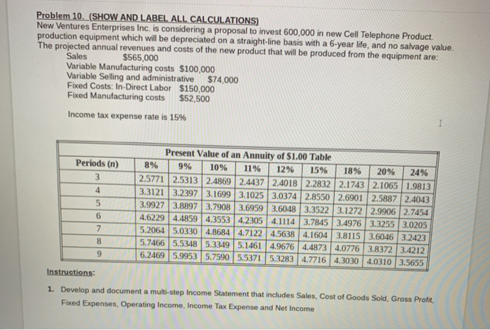  Problem 10. (SHOW AND LABEL ALL CALCULATIONS) New Ventures Enterprises Inc.