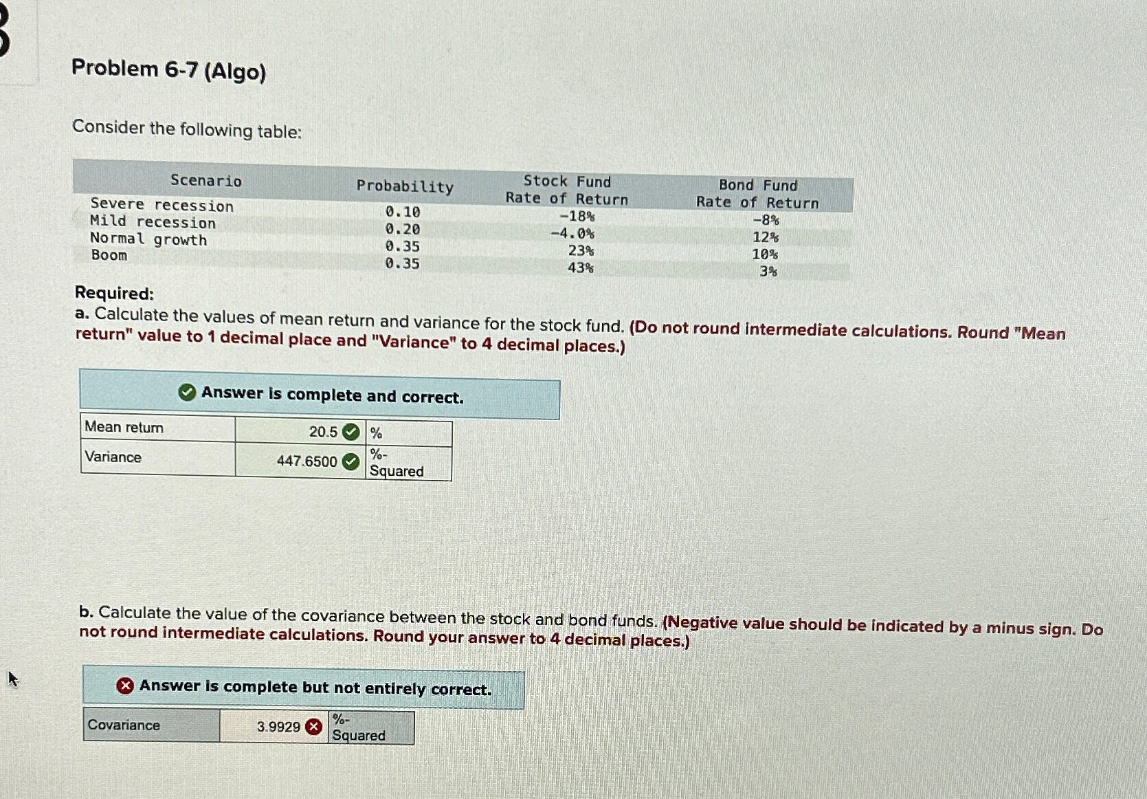  Problem 6-7(Algo) Consider the following table: \table[[Scenario,Probability,\table[[Stock Fund],[Rate of Return]],\table[[Bond Fund],[Rate