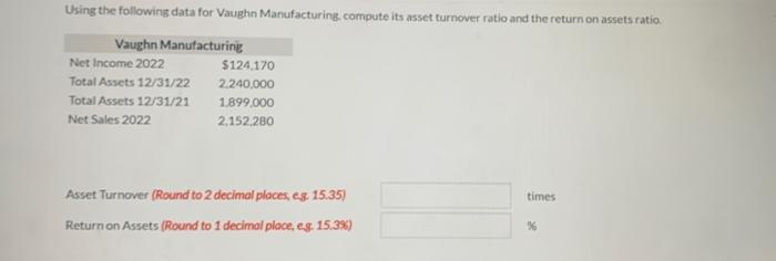  Using the following data for Vaughn Manufacturing, compute its asset turnover