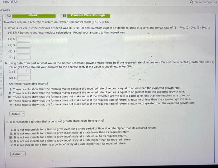  MINDTAP mework D O O O E eBook Problem Walk-Through Investors
