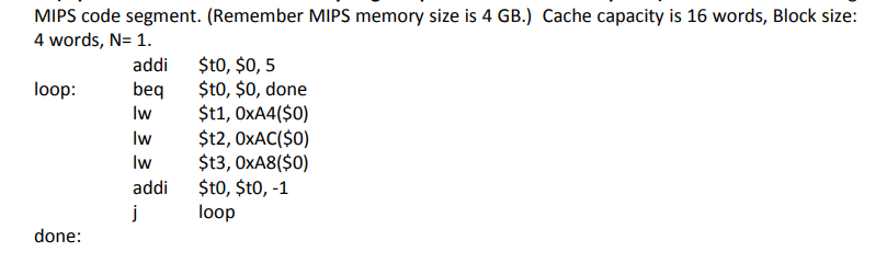 Cache Memory MIPS code segment. (Remember MIPS memory size is 4 GB.)