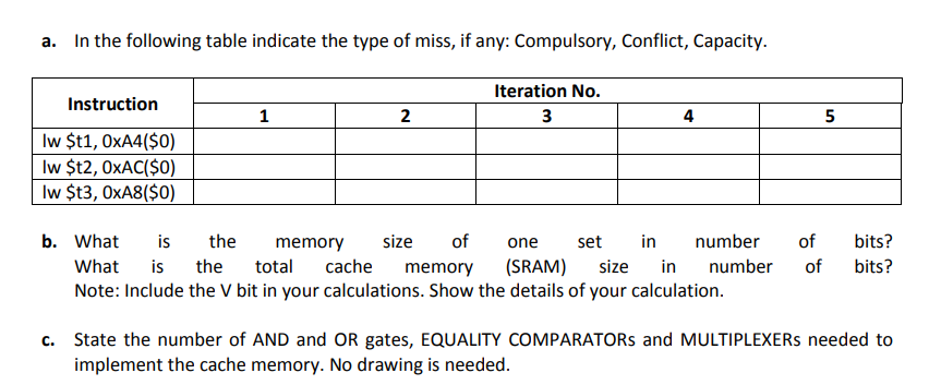 Cache capacity is 16 words, Block size: 4 words, N=1. addi $to,
