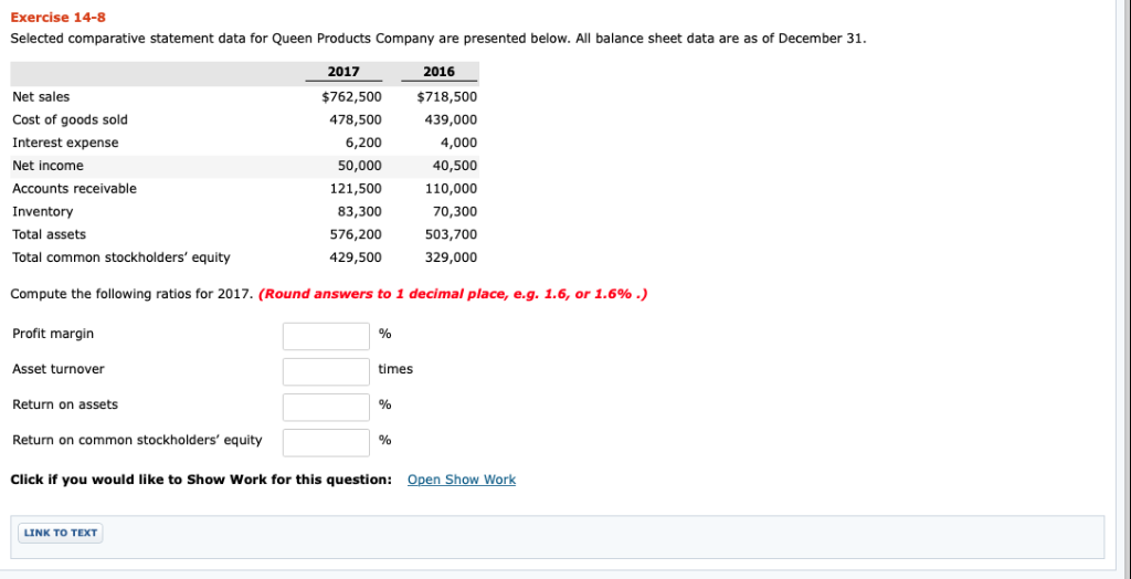  Exercise 14-8 Selected comparative statement data for Queen Products Company are