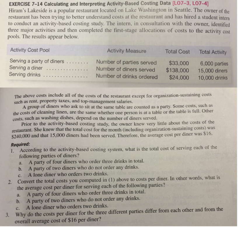  EXERCISE 7-14 Calculating and Interpreting Activity-Based Costing Data [LO7-3, LO7-4] Hiram's