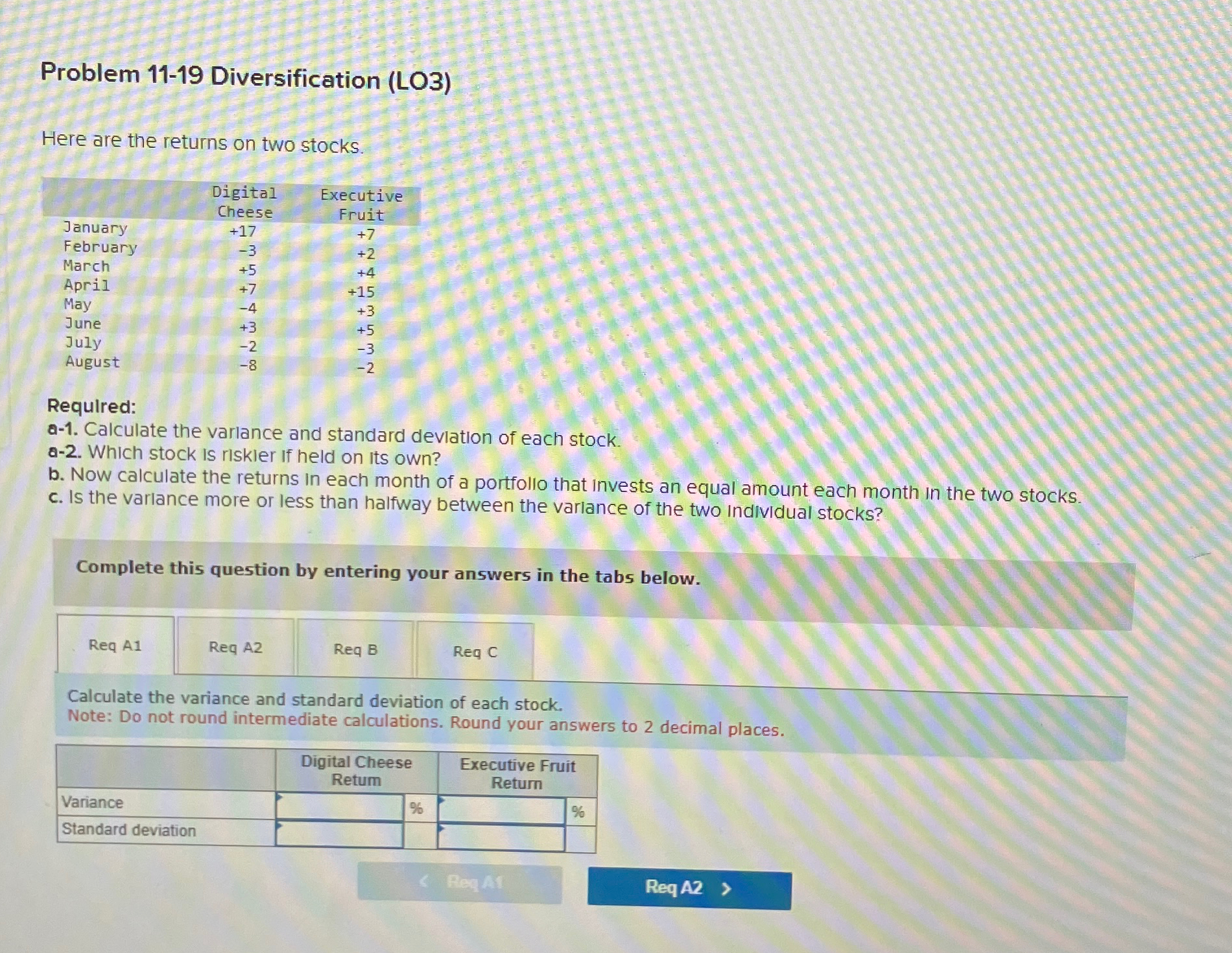  Problem 11-19 Diversification (LO3) Here are the returns on two stocks.