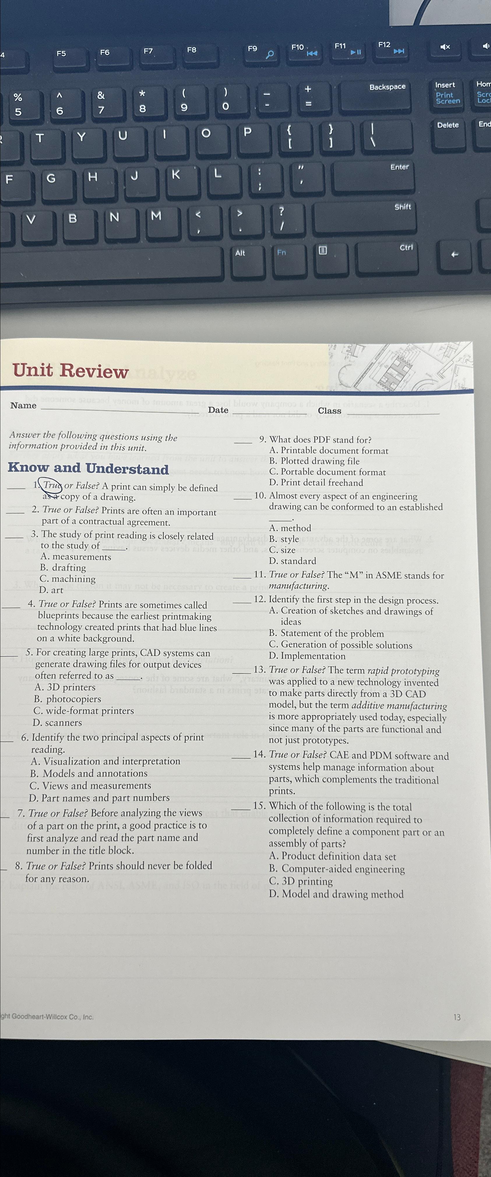  Unit Review Name Date Class Answer the following questions using the