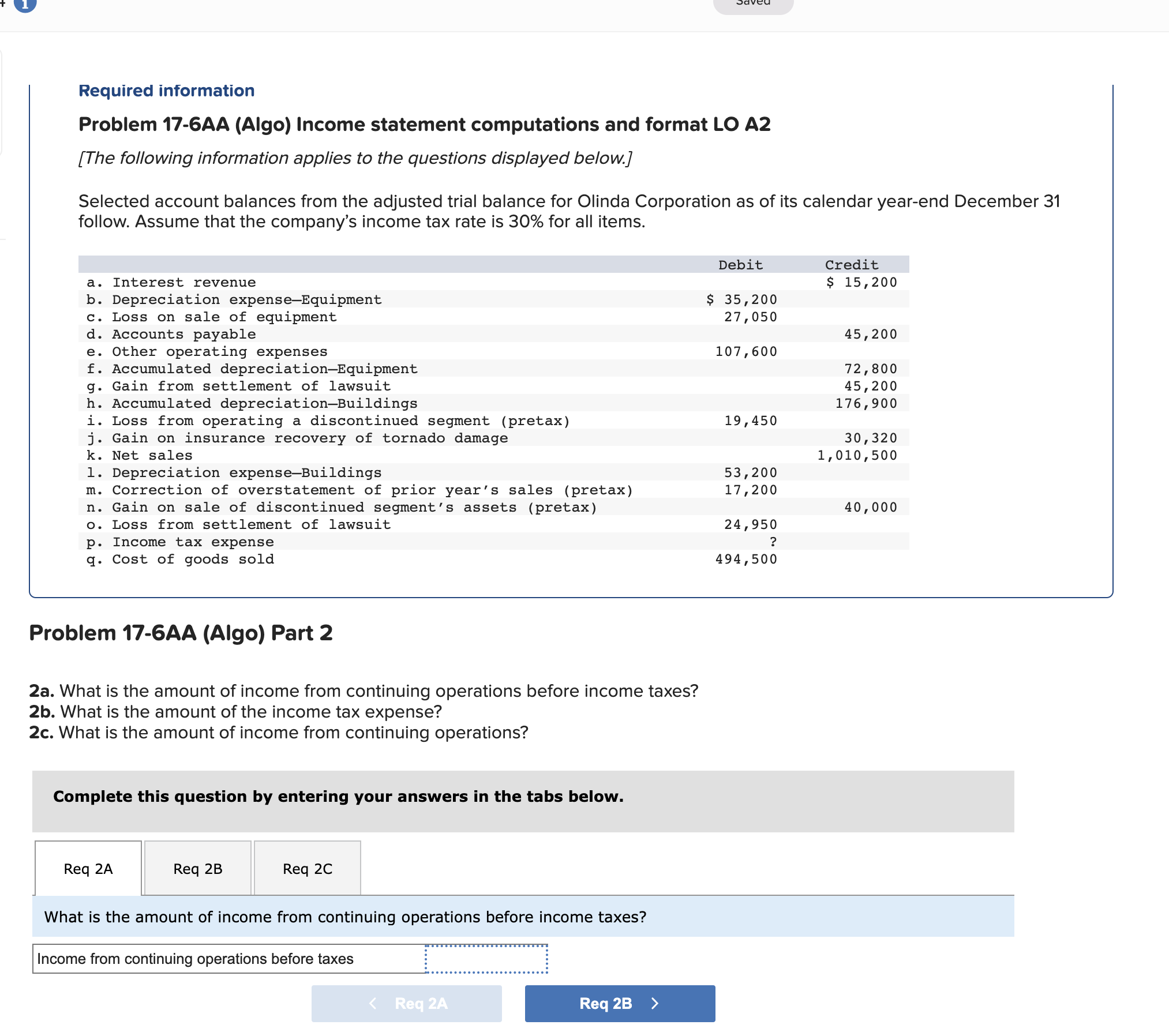 Required information Problem 17-6AA (Algo) Income statement computations and format LO
