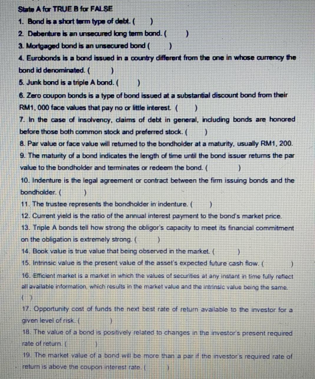  State A for TRUE B for FALSE 1. Bond bashottom type