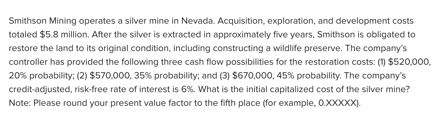  Smithson Mining operates a silver mine in Nevada. Acquisition, exploration, and