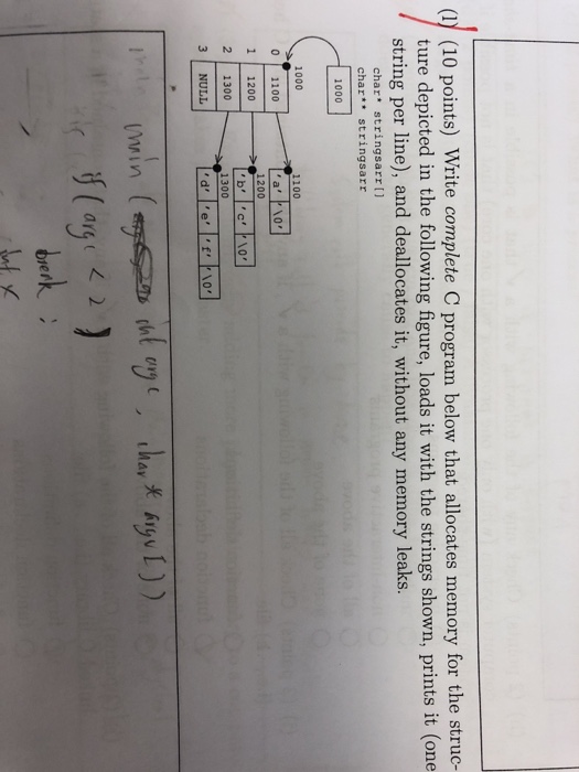  (1) (10 points) Write complete C program below that allocates memory