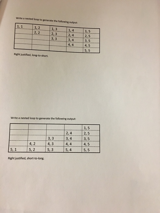  HELP Write a nested loop to generate the following output: 1,