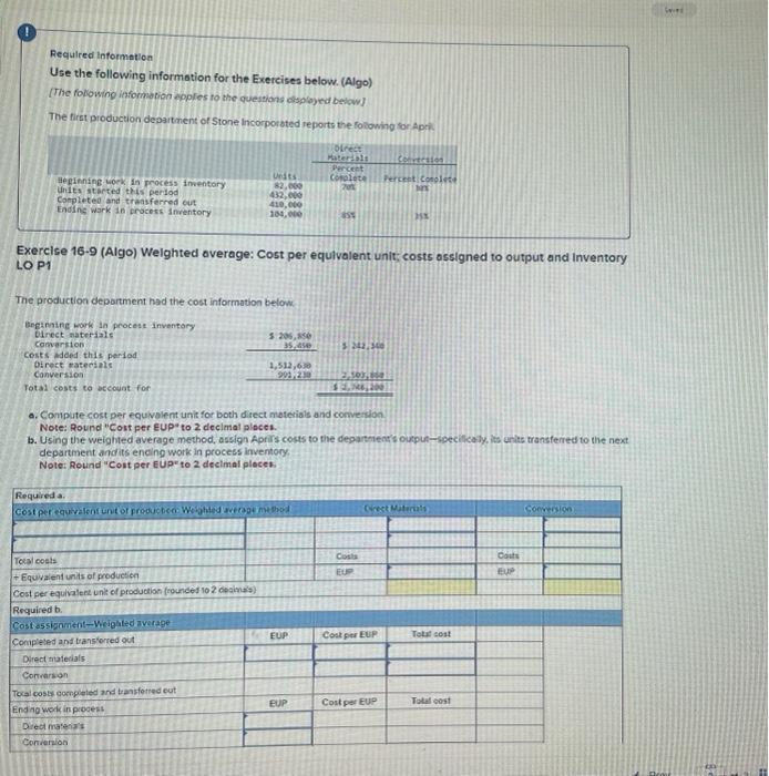  Required information Use the following information for the Exercises below. (Algo)
