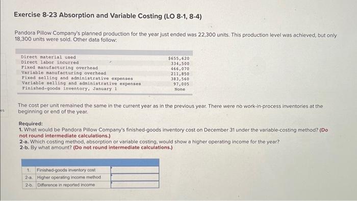  Exercise 8-23 Absorption and Variable Costing (LO 8-1, 8-4) Pandora Pillow