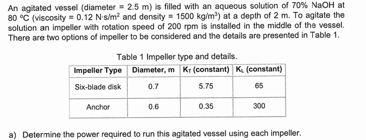  An agitated vessel (diameter =2.5m) is filled with an aqueous solution