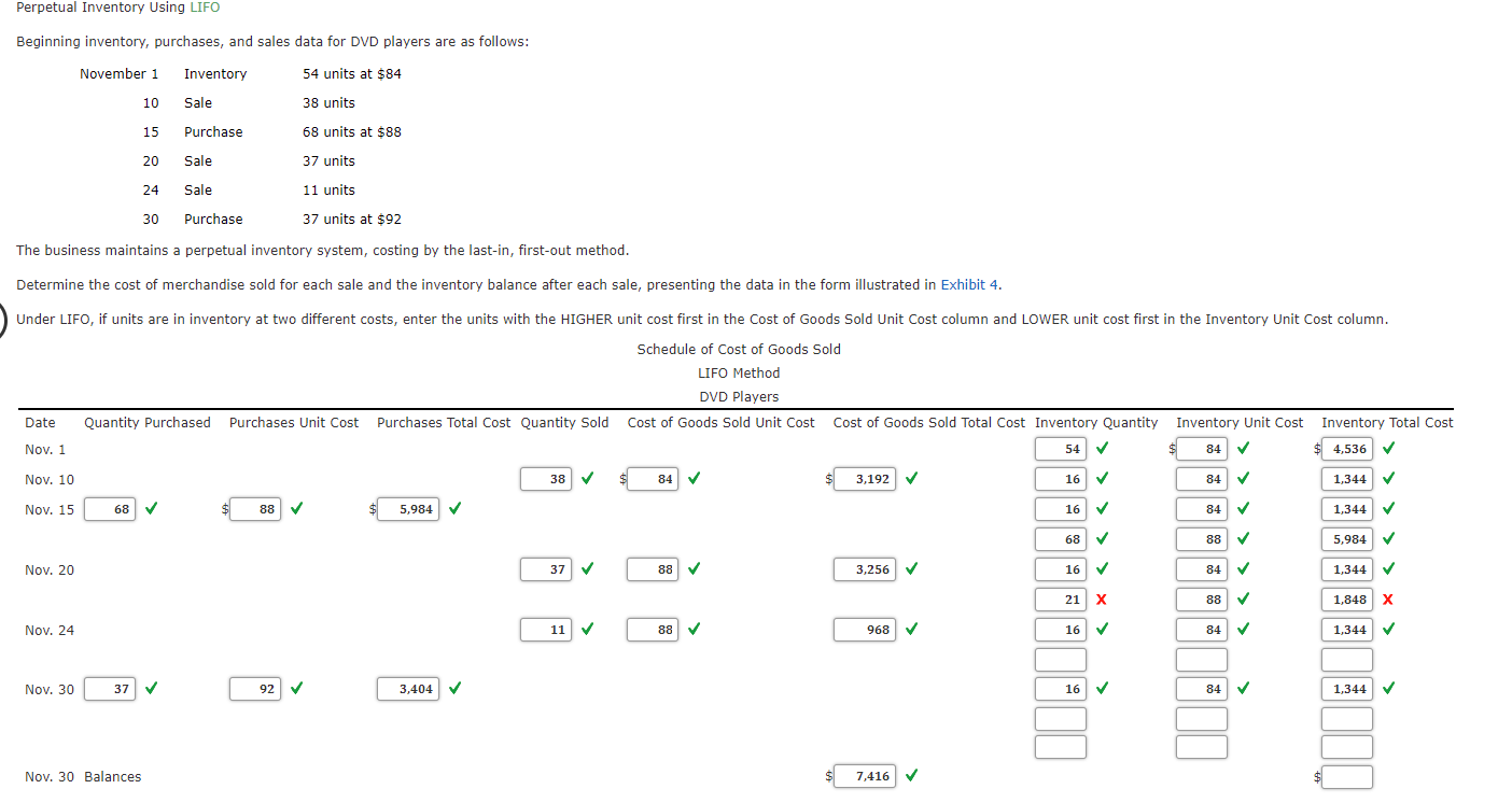 Perpetual Inventory Using LIFO Beginning inventory, purchases, and sales data for