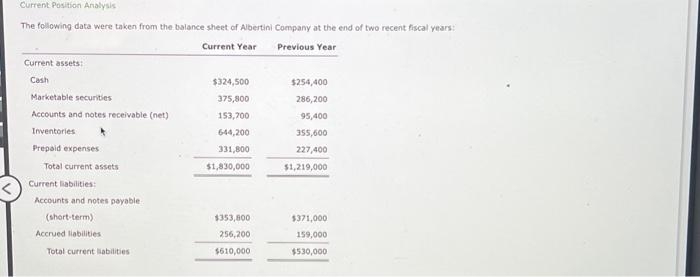  Current Position Analysis The following data were taken from the balance