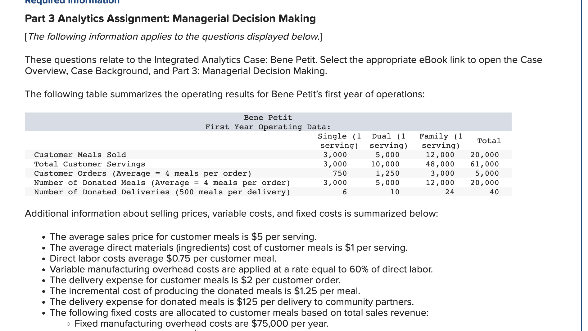  Part 3 Analytics Assignment: Managerial Decision Making [The following information applies