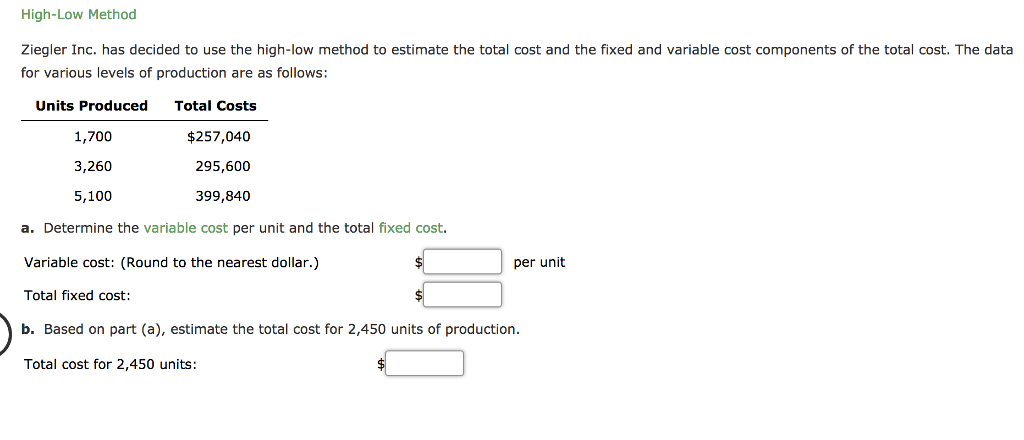 High-Low Method Ziegler Inc. has decided to use the high-low method
