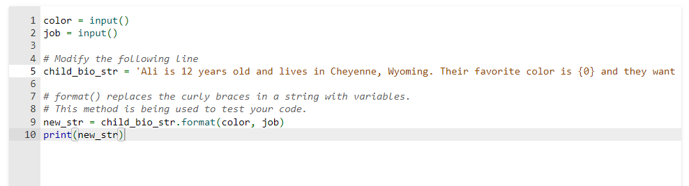  The following code outputs a string using values read from input,