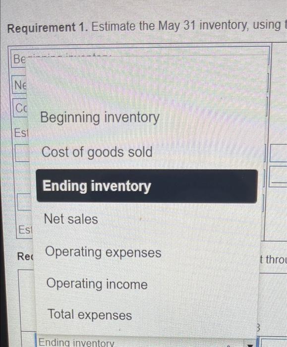 Requirement 1. Estimate the May 31 inventory, using the gross profit method