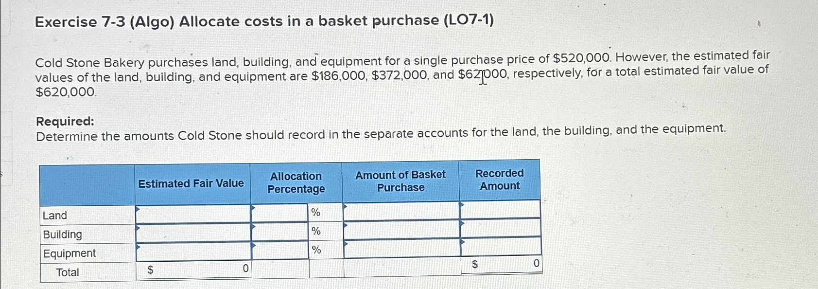  Exercise 7-3(Algo) Allocate costs in a basket purchase (LO7-1) Cold Stone