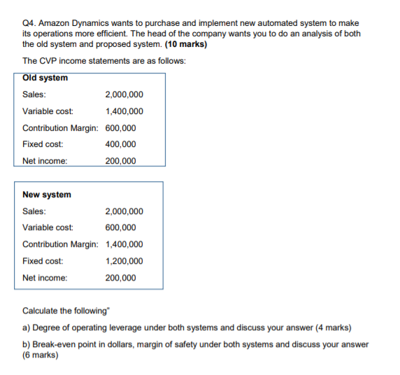 Q4. Amazon Dynamics wants to purchase and implement new automated system