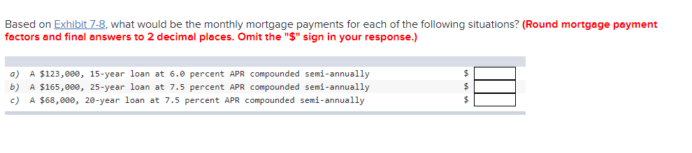  Based on Exhibit 7-8, what would be the monthly mortgage payments