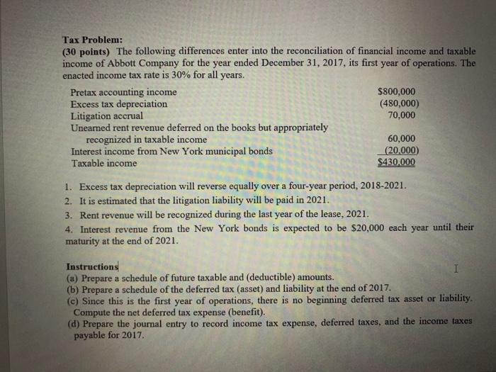  Tax Problem: (30 points) The following differences enter into the reconciliation