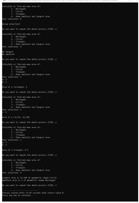 and function example Write a program to calculate area of common geometric