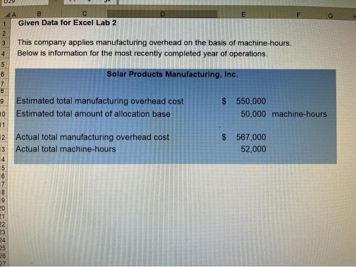  D E F A B Given Data for Excel Lab 2