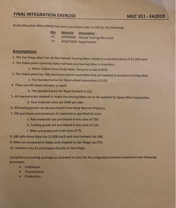  FINAL INTEGRATION EXERCISE MGT 351 - FA2019 Rocky Mountain Bikes (RMB)