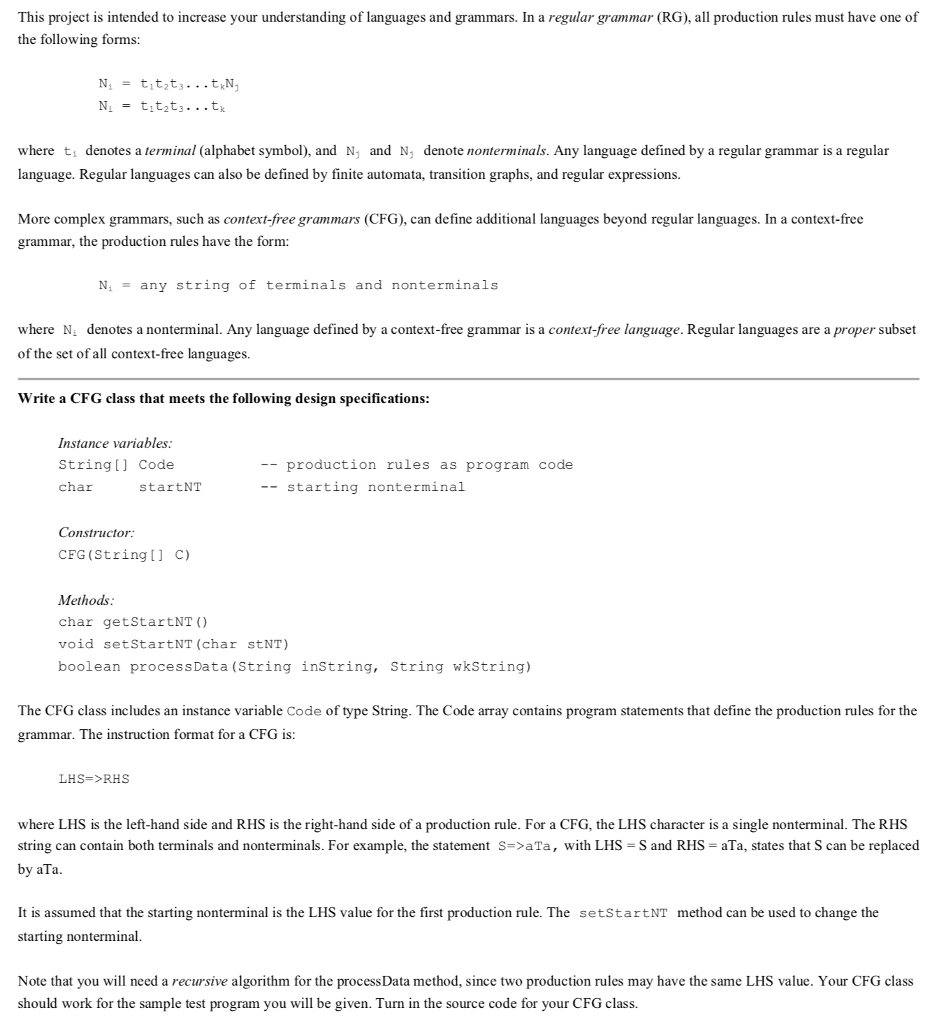 JAVA or C++ Program Sample test program for CFG class // Test