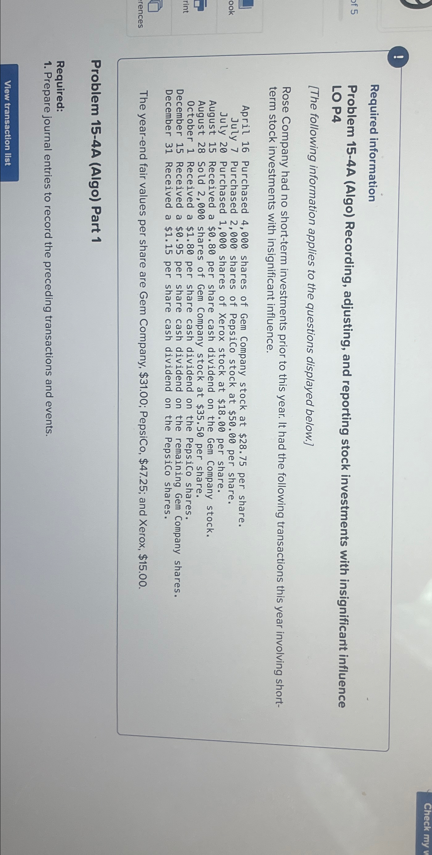  ! Required information Problem 15-4A (Algo) Recording, adjusting, and reporting stock