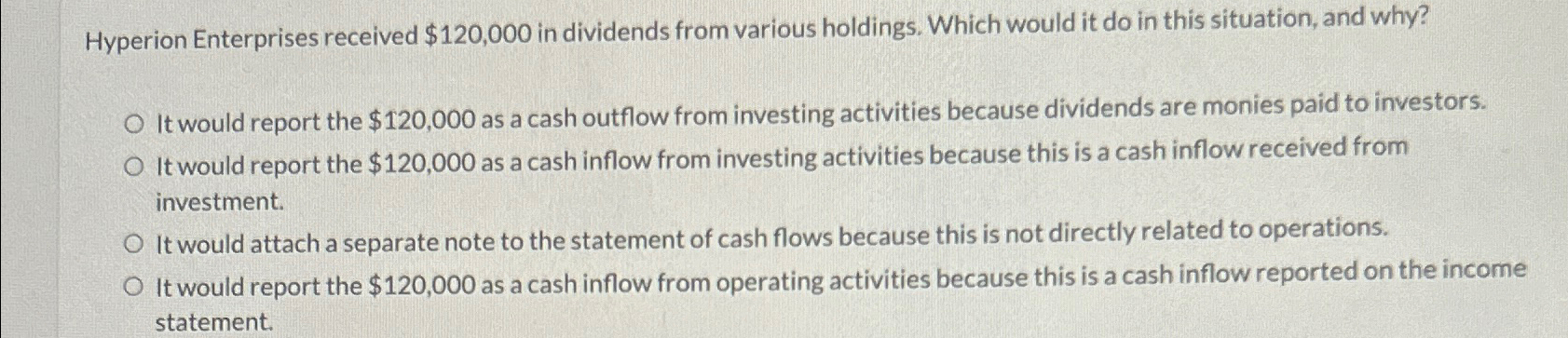  Hyperion Enterprises received $120,000 in dividends from various holdings. Which would