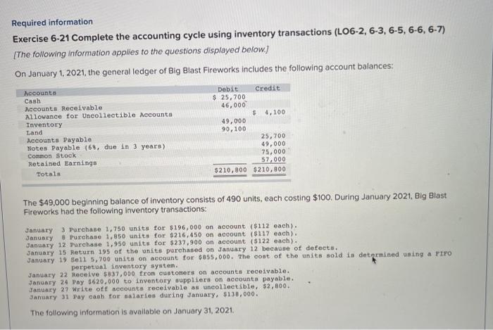  Required information Exercise 6-21 Complete the accounting cycle using inventory transactions
