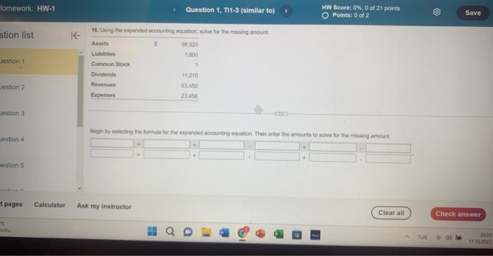  10. Lhing the eipanded acckurting equation, solve for the rissing amount.