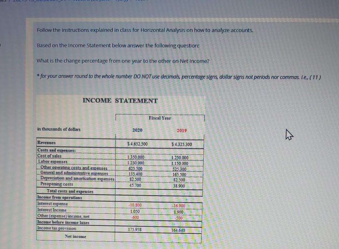 Follow the instructions explained in class for Horizontal Analysis on how
