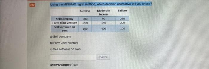  110 Using the MINIMAX regnet method, which decision alternative Will you