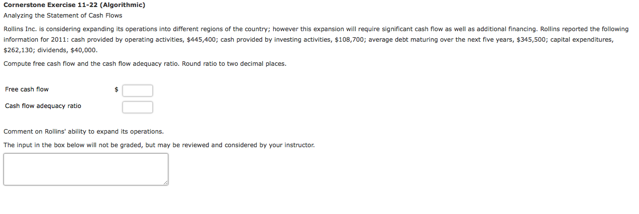 Cornerstone Exercise 11-22 (Algorithmic) Analyzing the Statement of Cash Flows Rollins